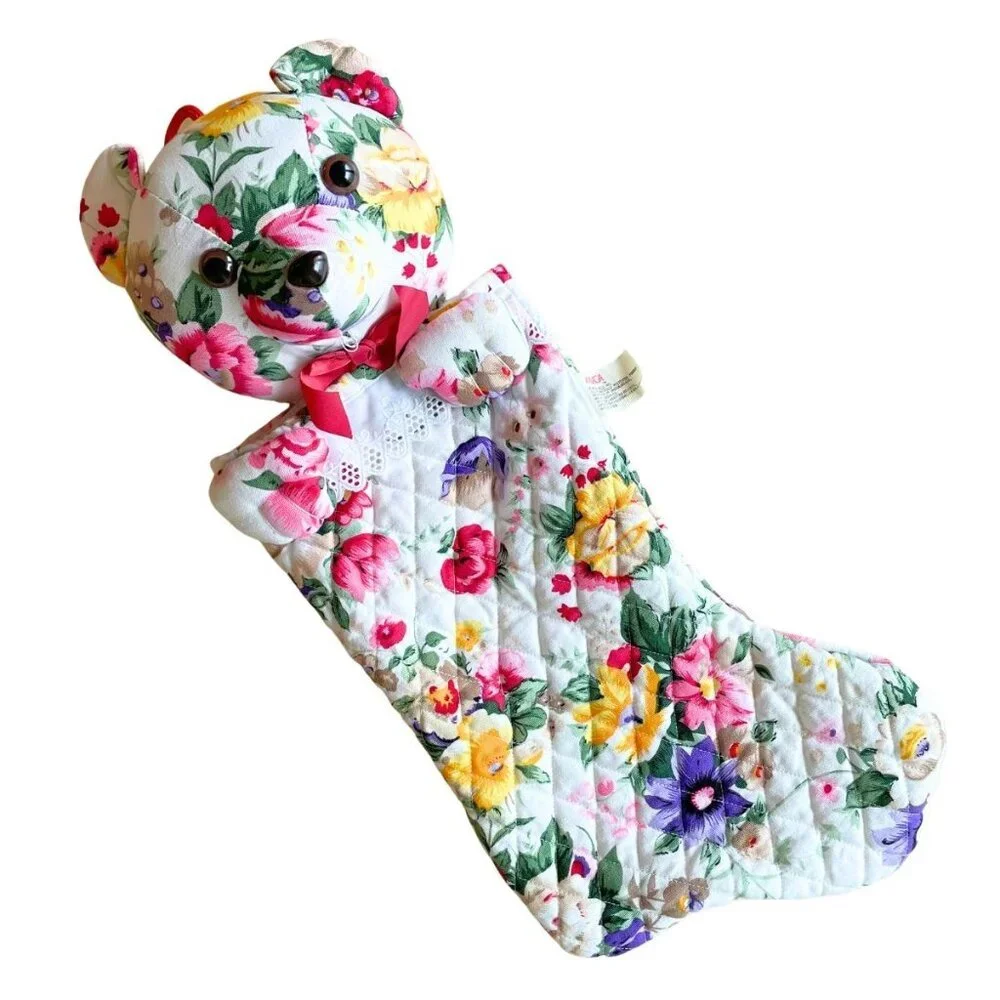 VINTAGE RARE Milaca Mills Floral Quilted‎ Teddy Bear Christmas Stocking